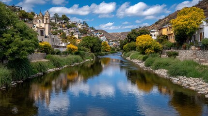 Fototapeta premium Serene river flows through a village with houses and church under a blue sky