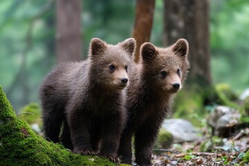 Fototapeta premium Brown bear cubs in the forest. Generative Ai