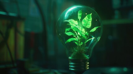 a green light bulb with a plant inside of it, green energy, environmental light