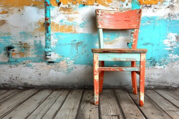 Colorful vintage chair against a weathered wall in a creative studio showcasing artistic potential
