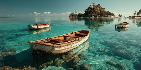 Obraz premium Tranquil morning at a clear blue lagoon with wooden boats anchored amid pristine waters and an island in the distance