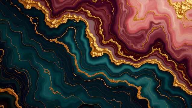 Abstract Emerald Burgundy and Rose Gold Marble Texture with Swirling Design