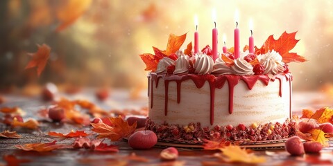 Celebratory autumn cake adorned with leaves and candles, set in a cozy atmosphere during fall season