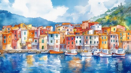 Obraz premium Beautiful painting of a quaint town nestled amidst lush greenery and vibrant natural landscapes