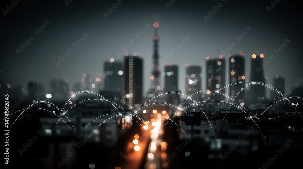 Poster smart city and big data connection technology concept with digital blue wavy wires with antennas on night megapolis city skyline background double exposure,stock photo