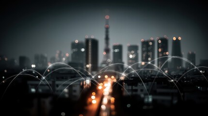 smart city and big data connection technology concept with digital blue wavy wires with antennas on night megapolis city skyline background double exposure,stock photo