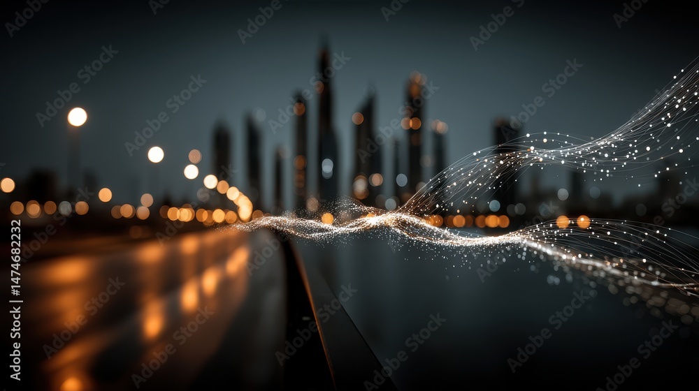 Poster smart city and big data connection technology concept with digital blue wavy wires with antennas on 