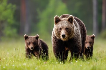 Fototapeta premium Brown bear mother with two cubs at green meadow. Generative Ai