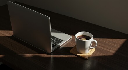 Laptop and Coffee Cup on Wooden Desk with Sunlight