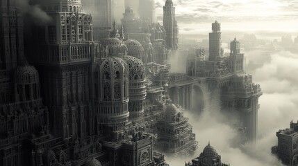 Fantasy city architecture with towers and domes shrouded in mist or clouds.