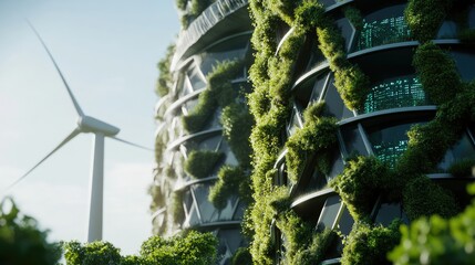 a green city surrounded by wind turbines and trees, landscape of a future city