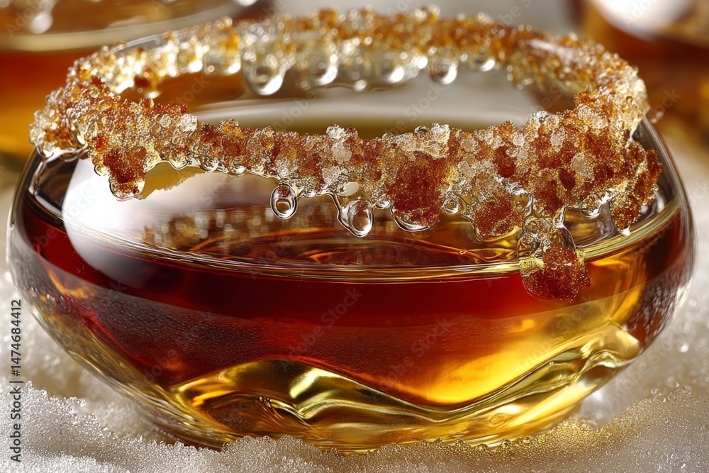 Poster elegant cocktail with a sugar rim served in a crystal glass on a reflective surface, creating a warm