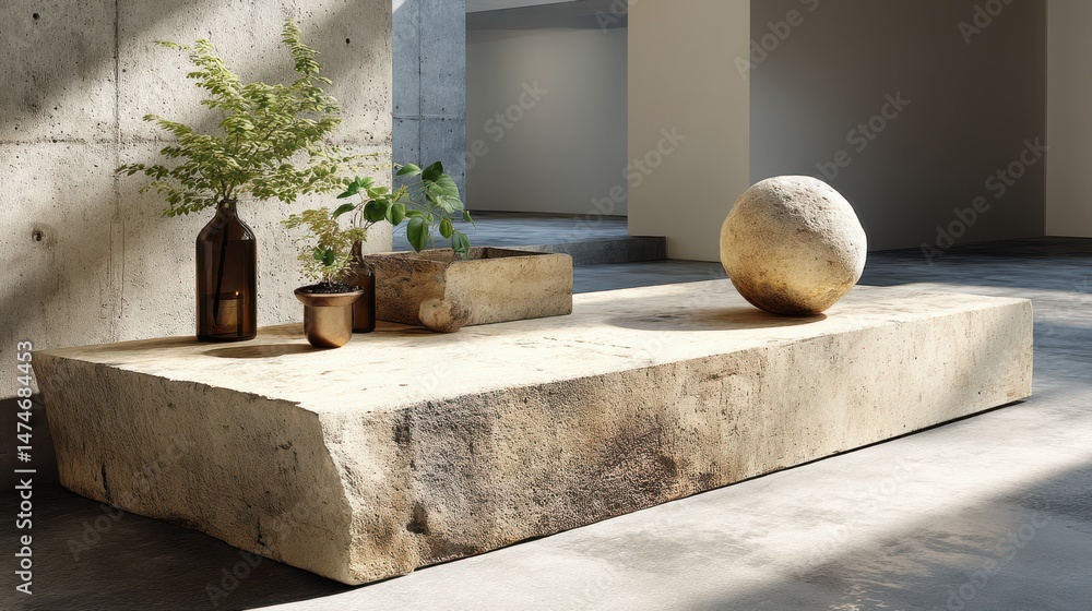 Poster stone platform for product showcase beige empty platform mock up generative ai
