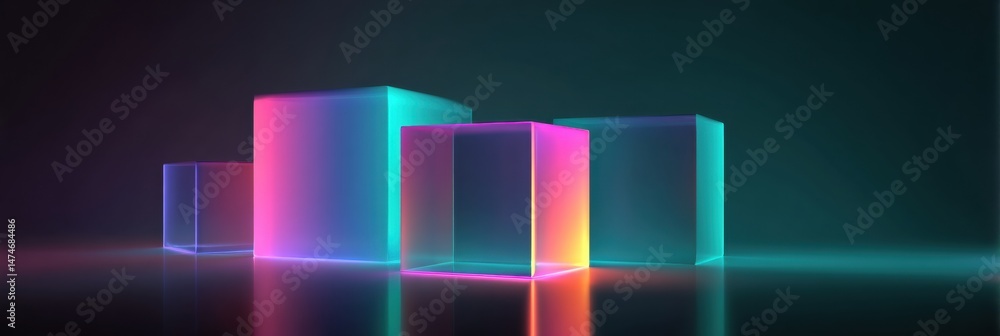 Poster Minimal Abstract 3D Shapes Glowing in a Dark Environment With an Eye-Catching Discount Code Displayed Prominently
