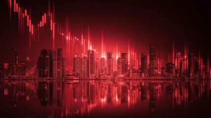 An illuminated red stock market graph plunging into a sleek and advanced urban landscape reflecting the interconnectedness of financial markets and technological innovation
