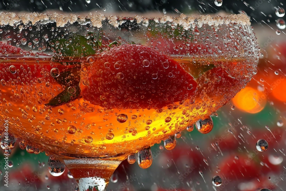 Aufkleber refreshing cocktail with strawberries and bubbles captured during a summer gathering