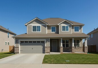 A two story house with a garage and a lawn in front of it under a clear blue sky on a sunny day