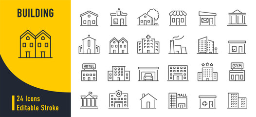Building web icons in line style. Hotel, hospital, apartament, city, town house, mall, coffee, collection. Vector illustration.