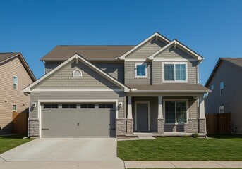 A suburban house with a gray exterior and a two car garage under a clear blue sky on a sunny day outside