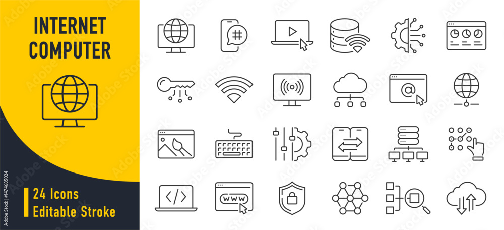 Poster internet computer web icons in line style. cloud technology, data center, connection network, digita