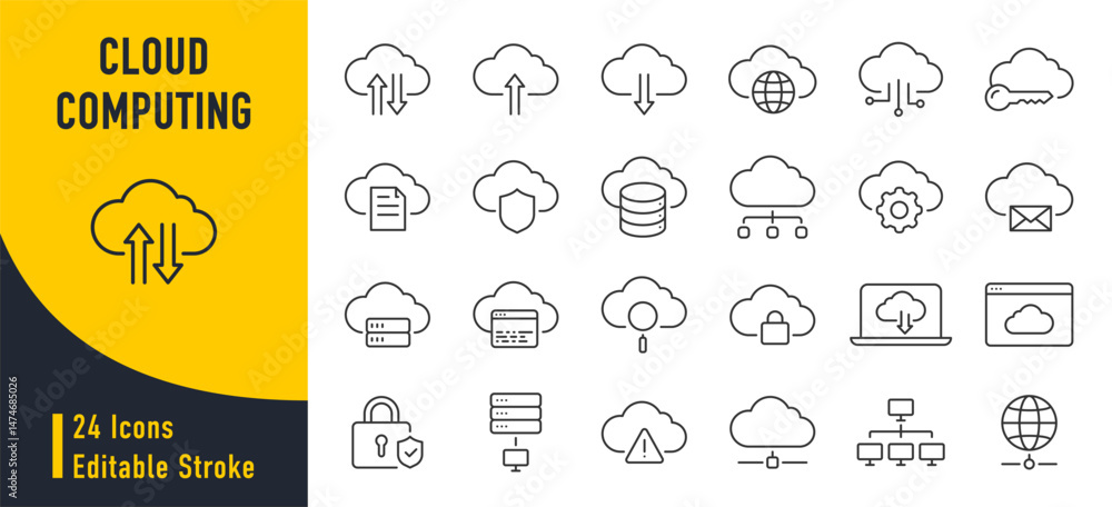 Poster cloud computing web icons in line style. cloud technology, data center, connection network, digital 