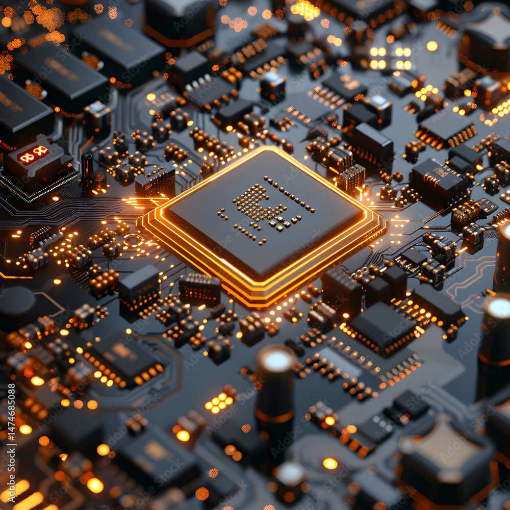 Aufkleber futuristic microchip with glowing core on a circuit