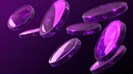 Purple coins floating against a dark background in a digital render with shiny reflections