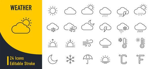 Weather web icons in line style. Clouds, sun, moon, snowflakes, wind, sunny day, collection. Vector illustration.