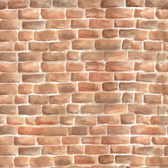 Seamless pattern of natural red brick wall with textured bricks. Brickwork. Stone wall. Old garden clipart. Hand-drawn watercolor illustration. For scrapbooking paper, textile, wallpapers