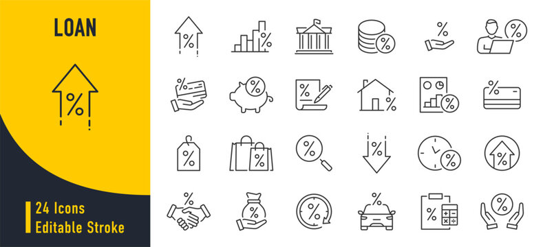 Loan and Credit web icons in line style. Credit card, deposit, car leasing, rate interest, calculator, income, rating, collection. Vector illustration.
