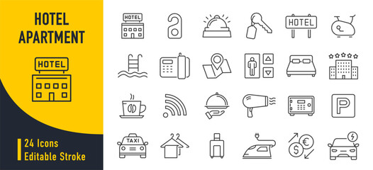 Hotel and apartament web icons in line style. Rental, reservation, hotel booking, room, parking, travel, service, airport, collection. Vector illustration.