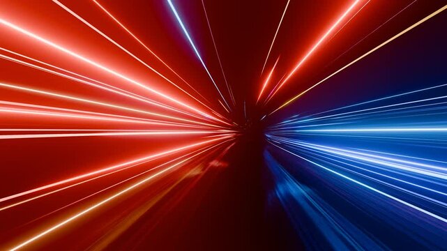 Rapid 3D animation of lines in perpetual circular motion. The futuristic visuals, the electric movement of the dynamic stripes against a dark backdrop.Neon trails of hyperspace. 4K loop