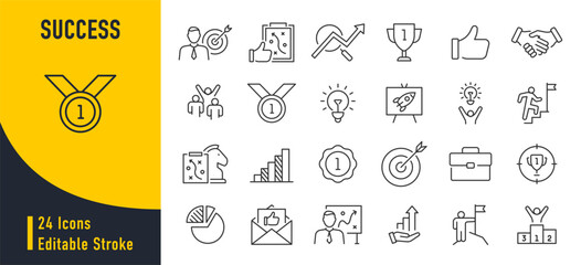 Success web icons in line style. Handshake, growth profit, innovation, increase sale, coaching, progress, strategy, achievment, collection. Vector illustration.