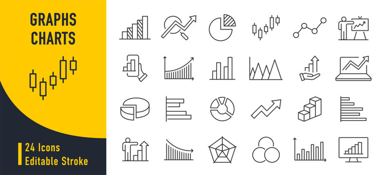 Graph and Charts web icons in line style. Graphics, infographic, statistics, data, diagrams, economy reduction, finance, down or up arrow, business, increase, decrease. Vector illustration.