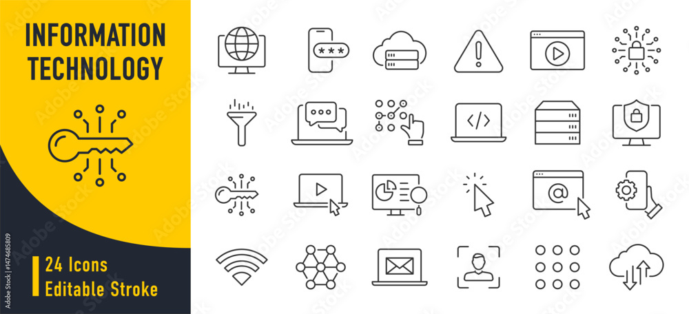 Poster information technology web icon set in line style. network, web design, website, computer, software,