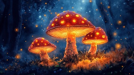 Fototapeta premium Enchanting mushroom illuminated by fireflies in a dark, mystical forest setting at dusk