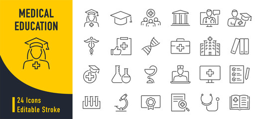 Fototapeta na wymiar Medical Education web icon set in line style. Medicine, college, student, learning, book, collection. Vector illustration.