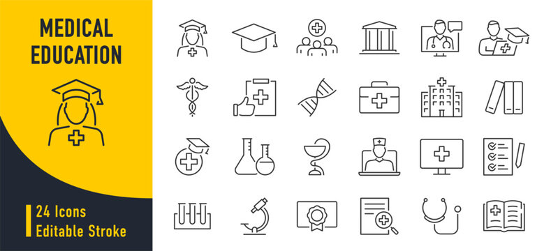 Medical Education web icon set in line style. Medicine, college, student, learning, book, collection. Vector illustration.