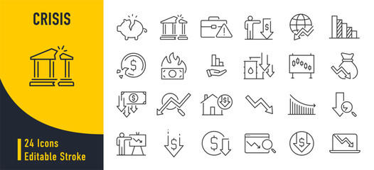 Economic crisis web icon set in line style. Decrease, layoff, job fired, pay cuts, low cost, collection. Vector illustration.