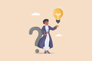 From Question to Idea Woman Presenting a Bright Light Bulb Emerging from a Large Question Mark, Symbolizing Problem Solving and Finding Solutions.