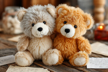 Obraz premium Two cute teddy bears sit together on a wooden surface with background blur