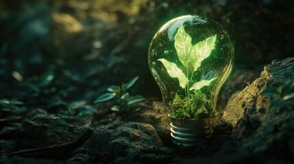 a green light bulb with a plant inside of it, green energy, environmental light