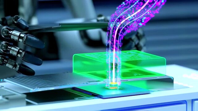 Hologram beam streams from robotic arm, hologram glows in neon flux, hologram reveals digital energy pulse in lab, synthetic precision fuels tech future inside sterile circuit chamber.
