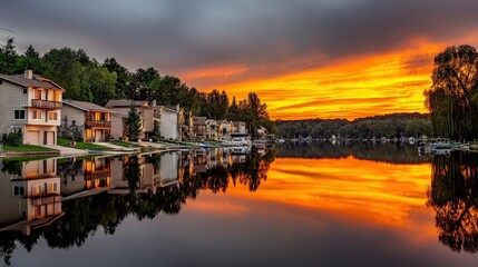 Obraz premium Serene Sunset Over Calm Lake with Vibrant Reflections and Cozy Waterfront Homes