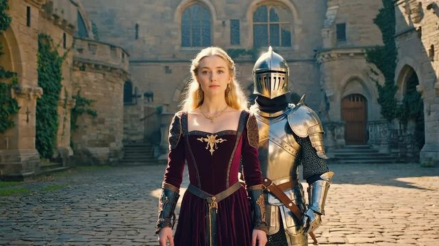 A blonde medieval princess in a ruby velvet gown stands solemnly while a silver‑plated knight guards her in a sunny castle courtyard. Concept of chivalry and noble duty.
