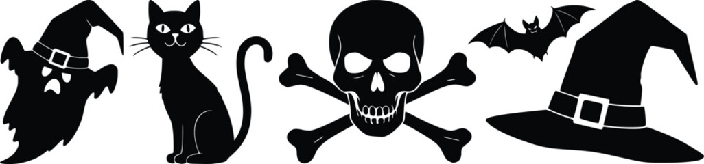 Fototapeta premium Halloween character silhouettes with witch black cats skull crossbones bat and pilgrim hat black icons spooky season design elements collection