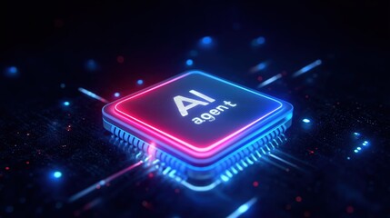 3D neon-lit text "AI Agent" glowing with vibrant blue and red illumination effects, floating above a dark abstract background featuring circular light patterns and geometric particles. High-resolution