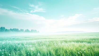 Naklejka premium Serene morning landscape tranquil meadow nature photography lush green environment wide-angle view peaceful atmosphere