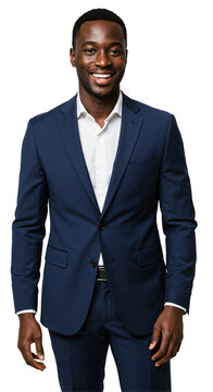Studio portrait of a handsome young adult Black businessman wearing a navy blue suit and white shirt, smiling confidently against a plain transparent background