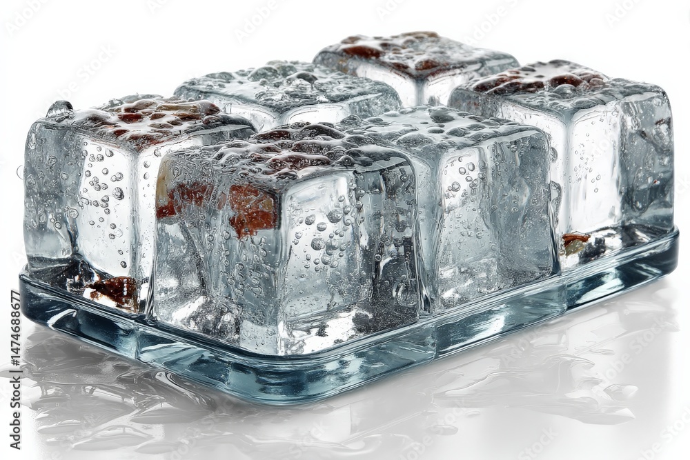 Leinwandbilder six ice cubes resting in a clear tray with visible bubbles and condensation from a cool drink